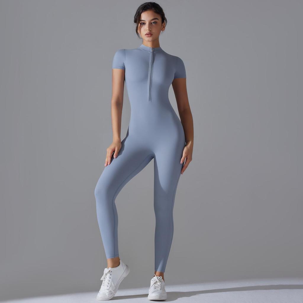 European-American Open-Neck Zipper Jumpsuit: Sexy, Tight-Fitting Short-Sleeve Dance & Yoga Bodysuit for Women