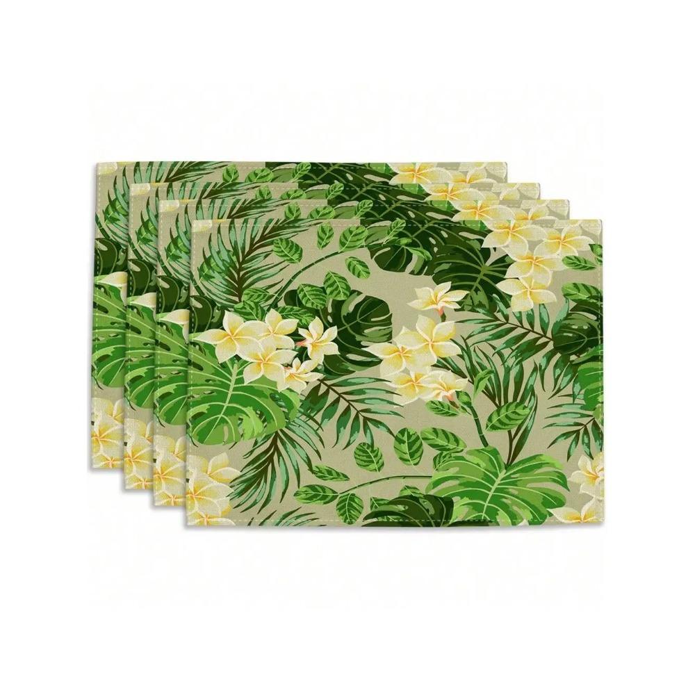4pcs Tropical Leaf Printing Table Placemats Green Leaves Printed for Tables Linen Table Mat Home Kitchen Dining Pads