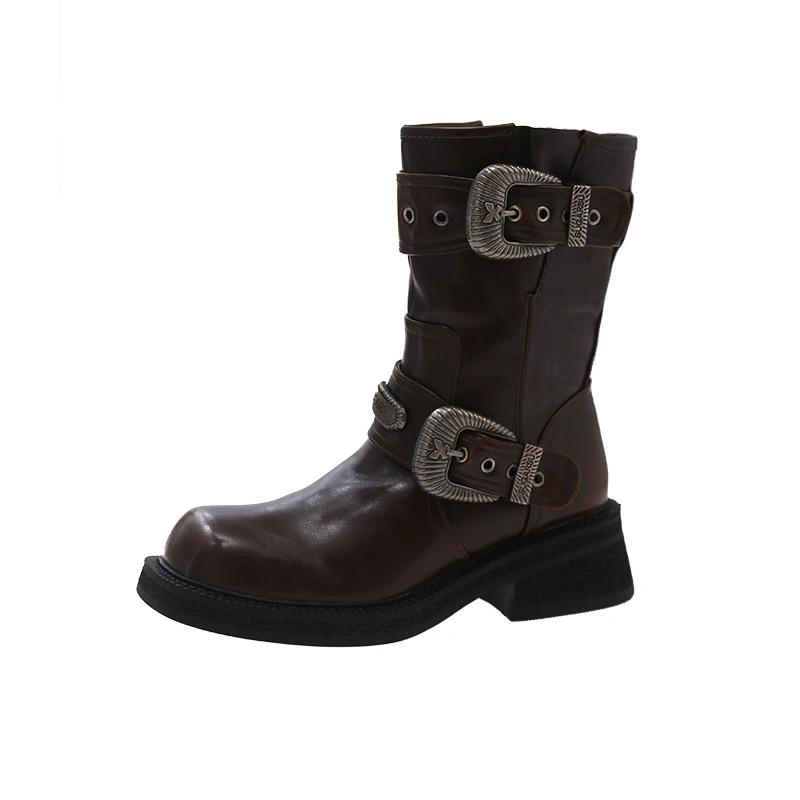New Autumn Chunky Single Boots Women's Square Metal Belt Buckle Side Zipper Thick Sole Non-slip Mid-calf Boots