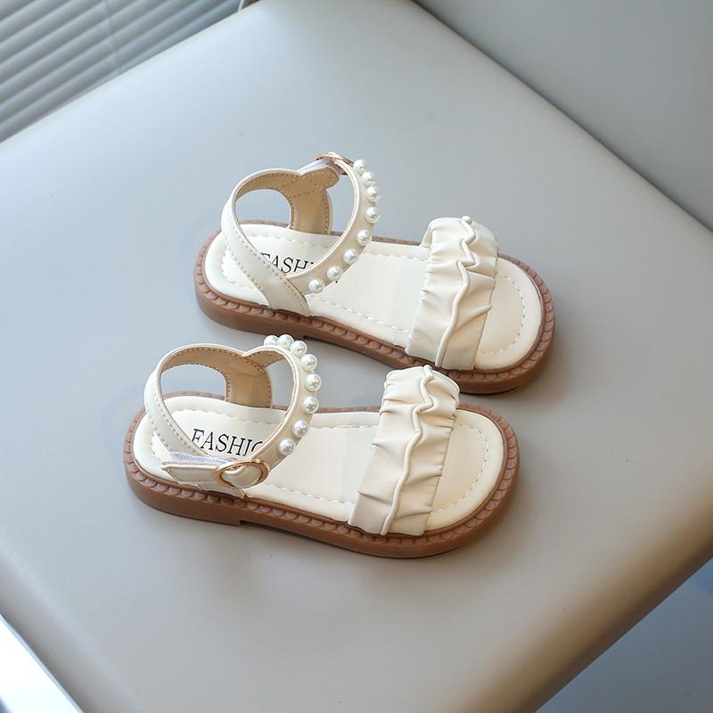 Girls Summer Sandals 2024 New Princess Kids Beach Shoes Rubber Out-sole Ruffles Pleated with Pearls Beading Open Toes Sweet Soft