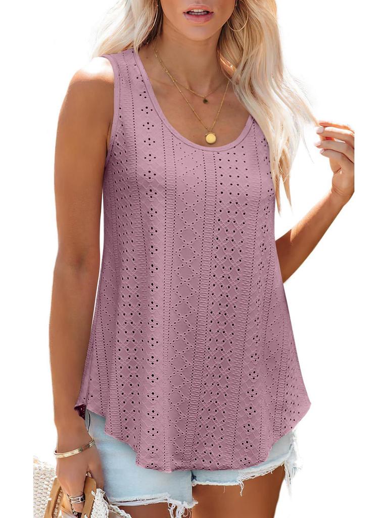 European & American Women's Summer Crew Neck Eyelet Sleeveless Tank Top T-Shirt