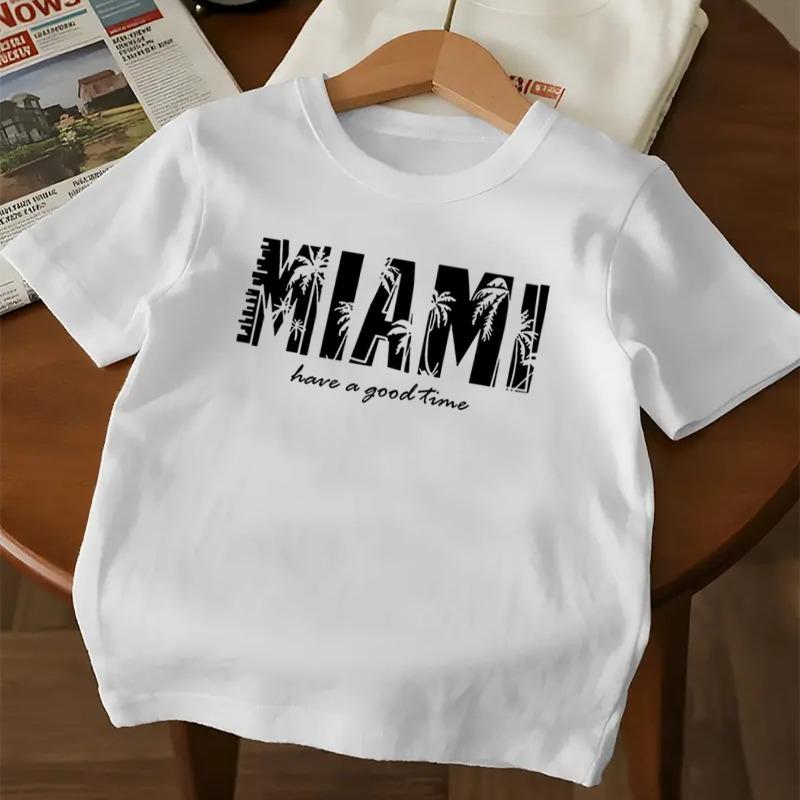 Kids MIAMI Print Crewneck Short Sleeve Tee, Soft Breathable Everyday Casual Top 110