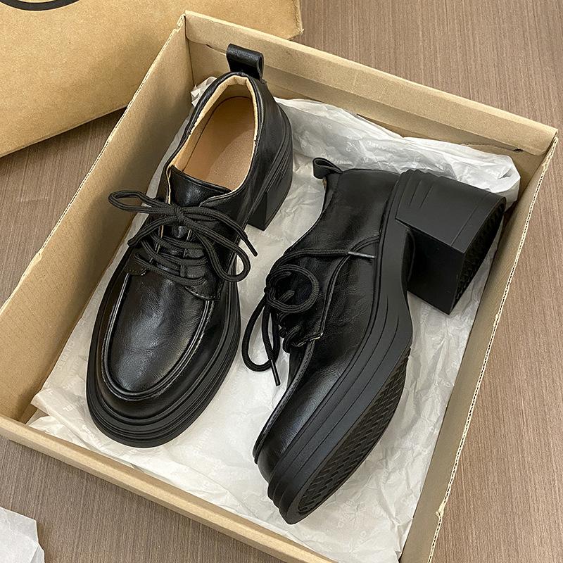2025 Autumn New Versatile Lace-up Loafers Commuter Thick-heeled Women's Shoes Retro Style Round Head High-heeled Women's Single Shoes
