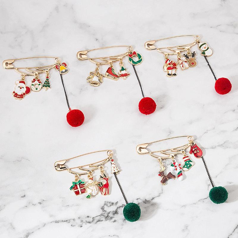 Women Christmas Creative Enamel Tree Elk Hairball Brooches Girls Sock Santa Claus Pins Brooch