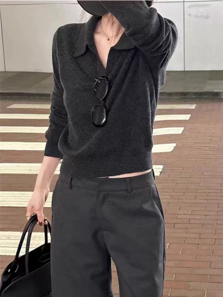 

25 Temperament Women s Gray Short-Sleeve Polo Woolen Knit Shirt - Autumn/Spring Loose Fit Turn-Down Collar XL чёрный