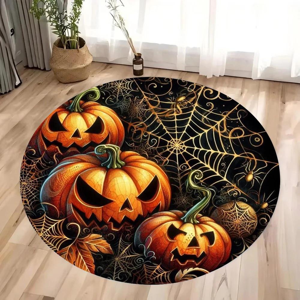 Halloween Pumpkin Magic Hat and Bat Circular Printed Carpet Halloween Themed Floor Mat Home Decoration Yoga Studio Gift