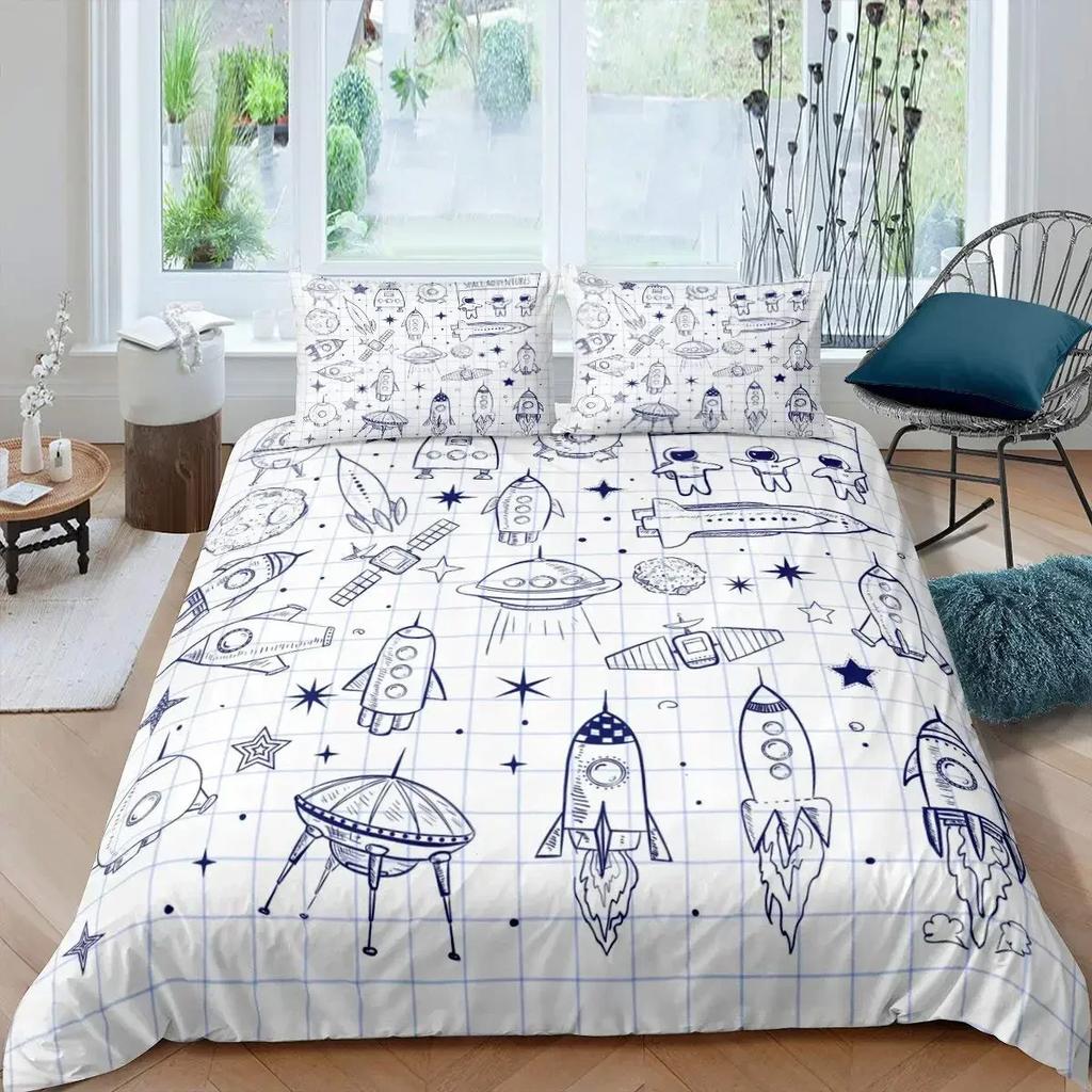 Rocket Spaceship Comfortable Duvet Quilt Cover Pillowcase Bedding Set Children Bedroom Decoration Home Textile