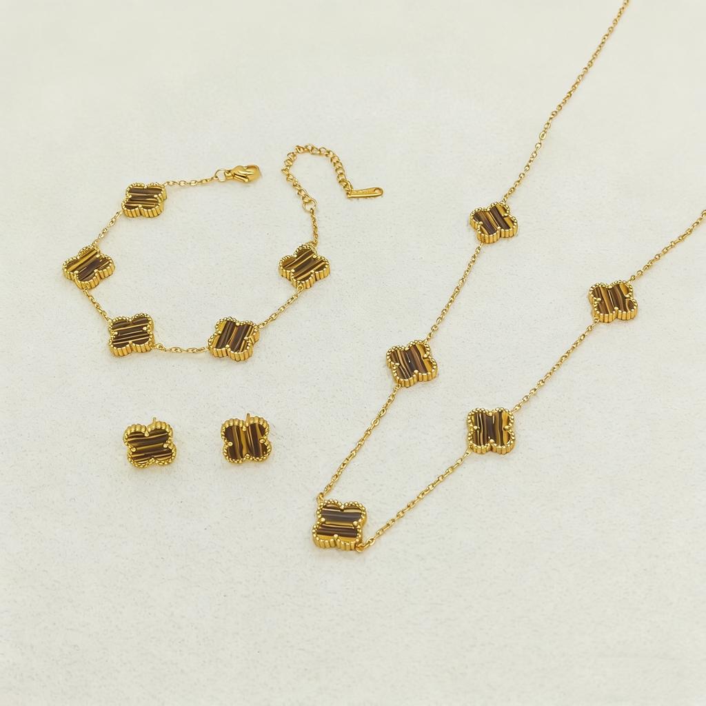 3PCS Double-sided Fritillary Titanium Steel Four-leaf Clover Five-flower Bracelet, Five-flower Necklace & Earring Set Gift