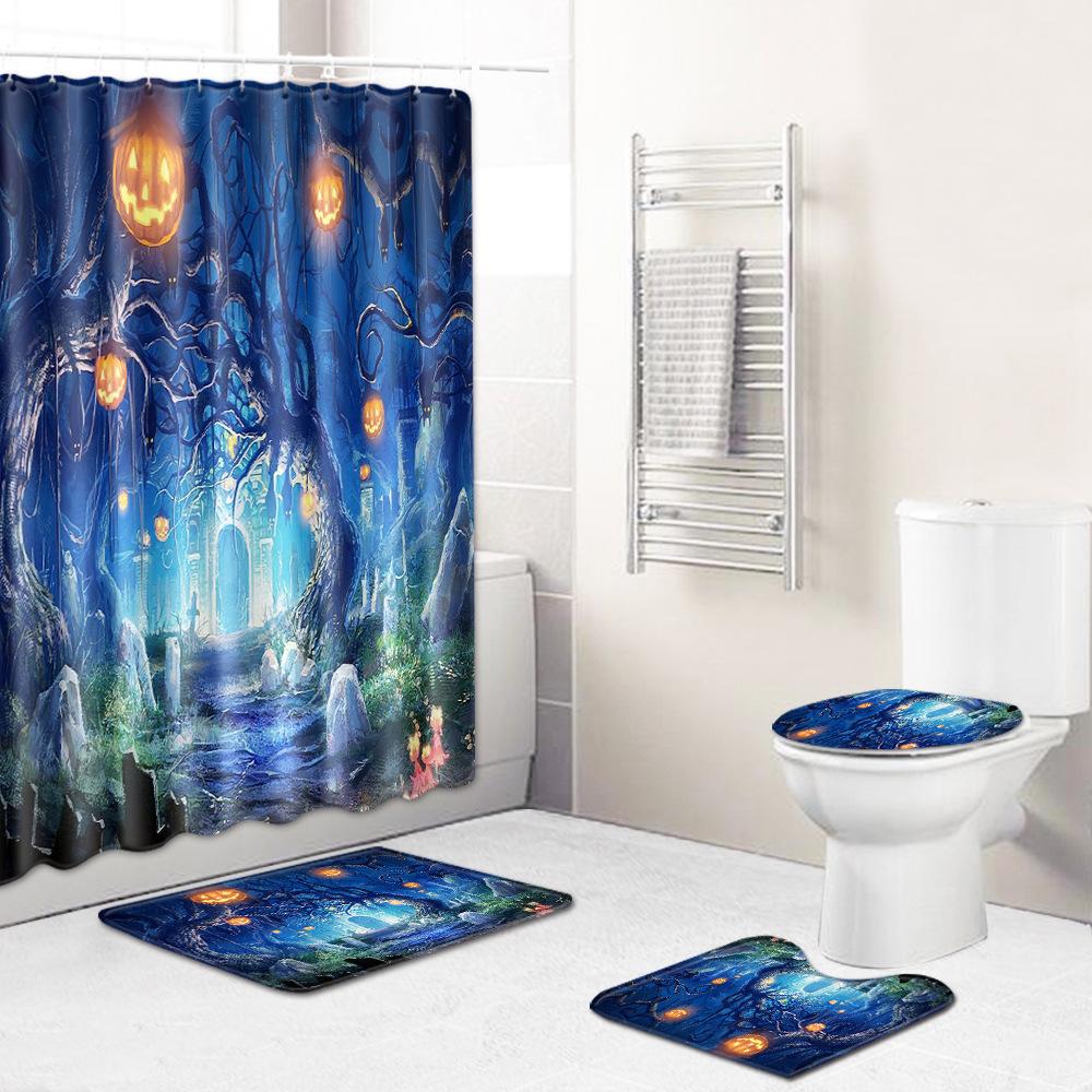 Halloween Series Bathroom Shower Curtain Floor Mat Toilet Cover Foot Mat Four-Piece Pattern Size