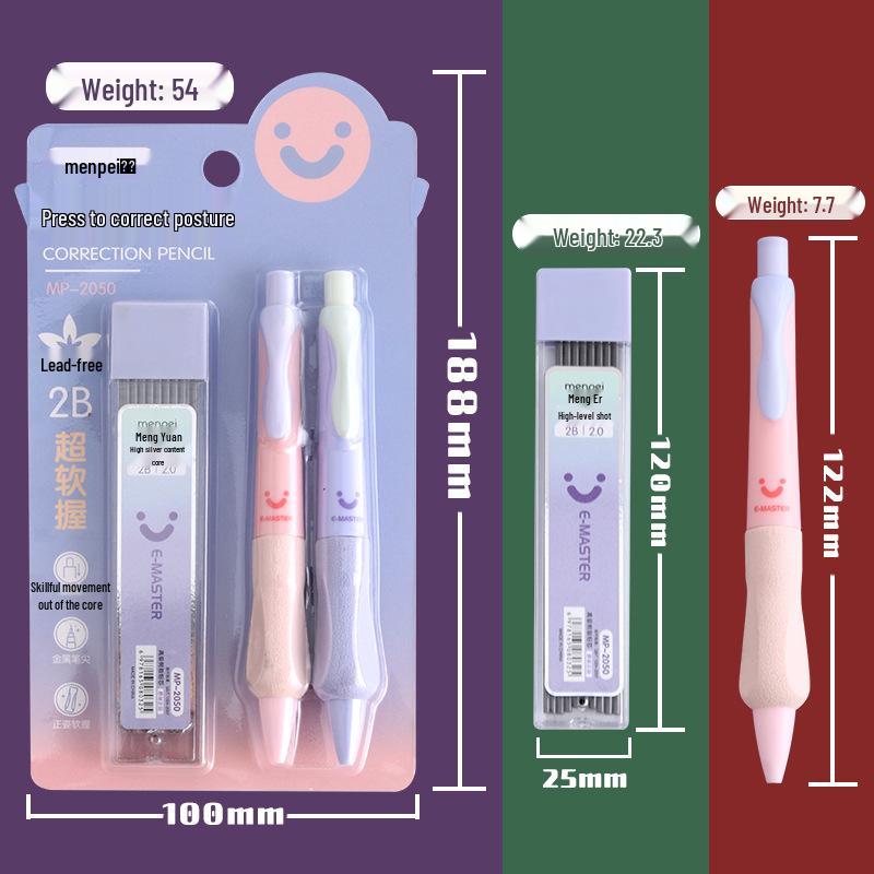 Click-Action Posture Correction Pencil Lead Refills, Triangular Barrel with 2B Lead Core for Primary Students 2050-Purple Pink