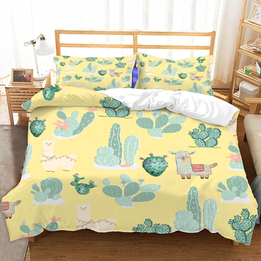 Alpaca Duvet Cover Botanical Bedding Set Double Size Quilt Cover 3D Microfibre Comforter Cover With Zipper And Pillowcases 2 Pcs