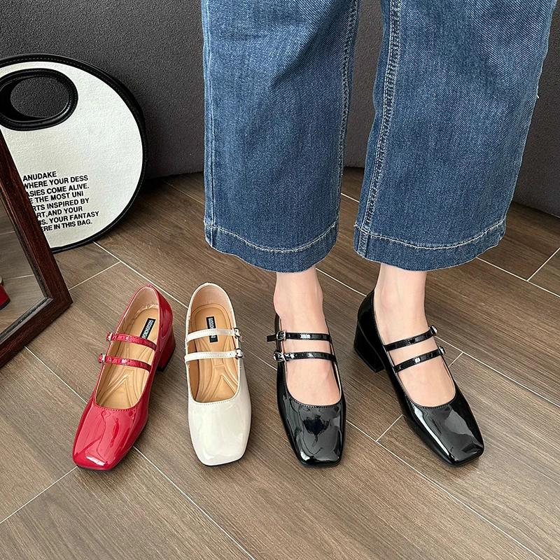 Square Toe Women Mary Jane Shoes Ladies Fashion Shallow Thick High Heel Women's Elegant Red Ballerinas Party Shoes