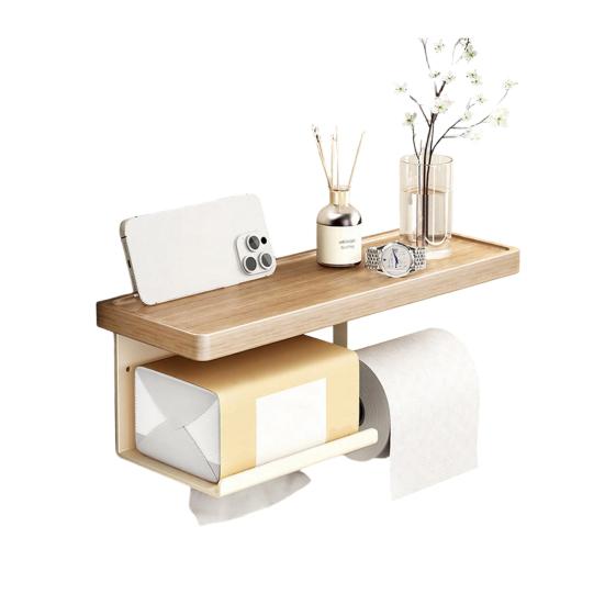 Wall Storage Rack Strong Load-Bearing Wall-Mounted Organizer with Rounded Paper Outlet Smooth Pull-Out Multifunctional Wood Metal Bathroom Shelf