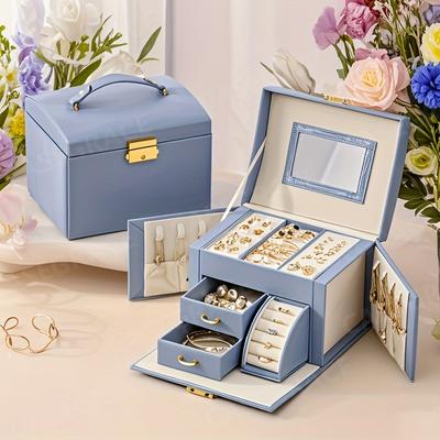 Schmuckschatulle aus Kunstleder, wasserdichte Aufbewahrungsbox mit Spiegel, Doppelschublade, passend für Halsketten, Ringe, Ohrringe, Uhren und Haarschmuck