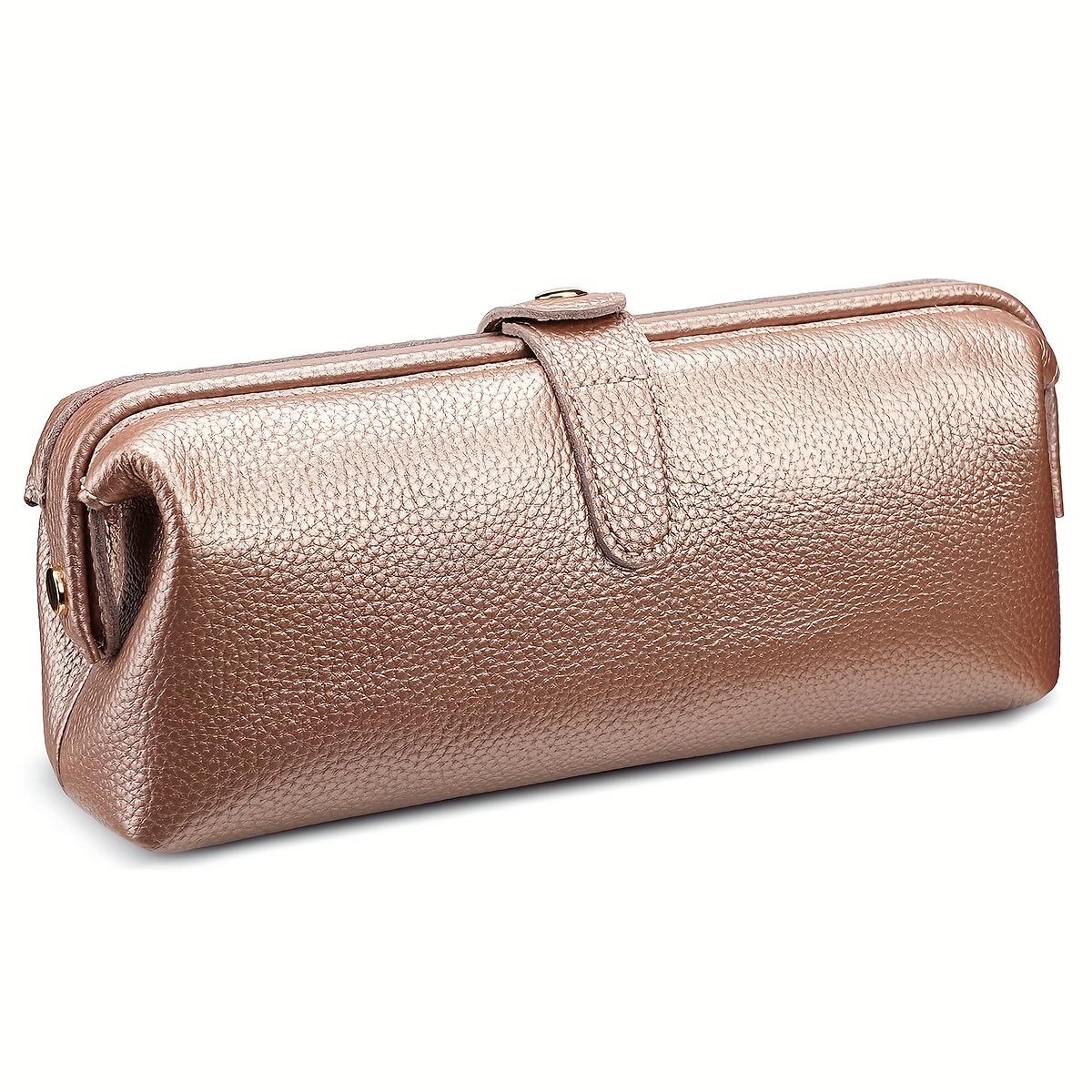 

Genuine Leather Toiletry Bag for Makeup & Skincare Travel Cosmetic Pouch with Mirror Brush Holder for Eyeshadow Lipstick золотий