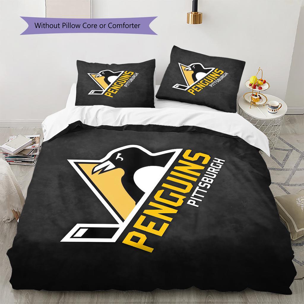 Pittsburgh Penguins Pattern Bedding Quilt Set  Home Decoration  Gift (1 * duvet cover + 2 * pillowcase  without core)