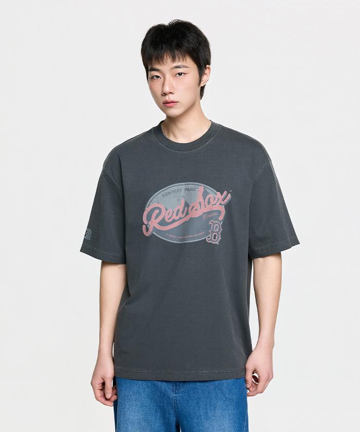 Emelbi Vintage Washed Graphic Short Sleeve T-Shirt Bos (D.Charcoal Grey)