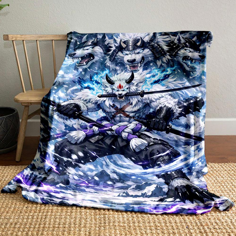 A fierce warrior wolf surrounded by icy elements and glowing energy. for all seasons blanket lunch break throw gift