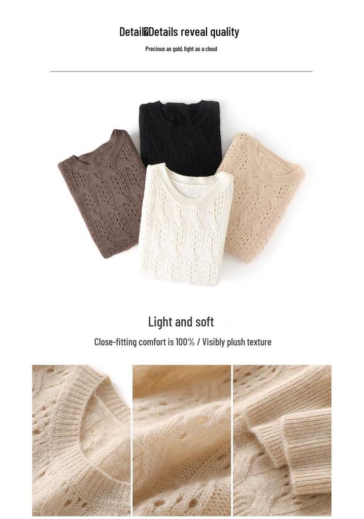 Women's Round Neck Crochet Cashmere Sweater - Soft, Warm, Fashionable Knit for Spring & Autumn