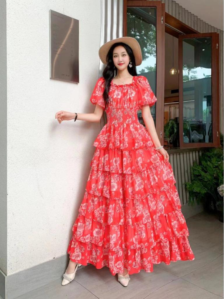 Retro Floral Chiffon Slimming Dress: Women's Summer Puff Short Sleeve High-End Vacation Cake Dress