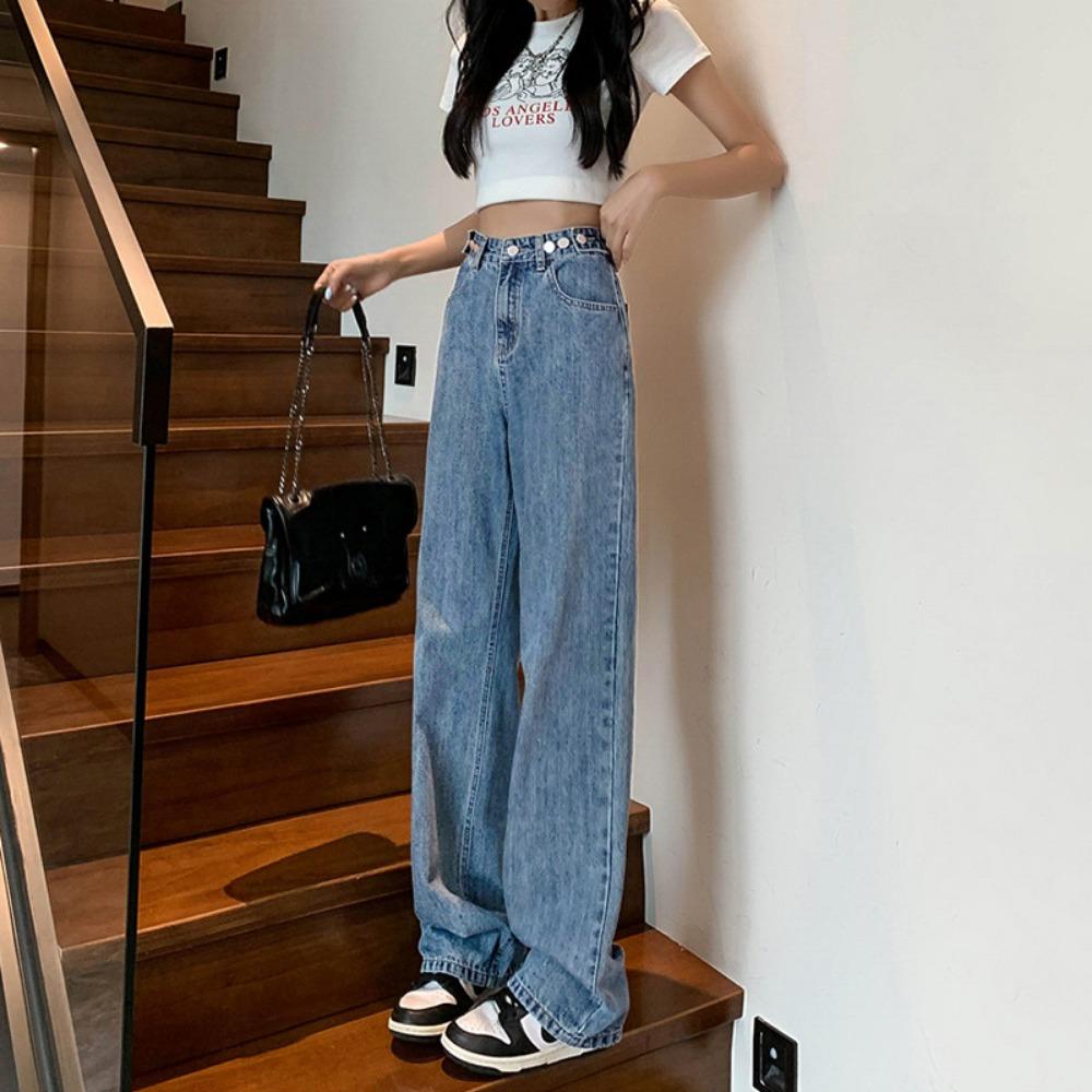 

Versatile niche high-waisted wide-leg jeans women s straight loose new thin small mopping jeans S
