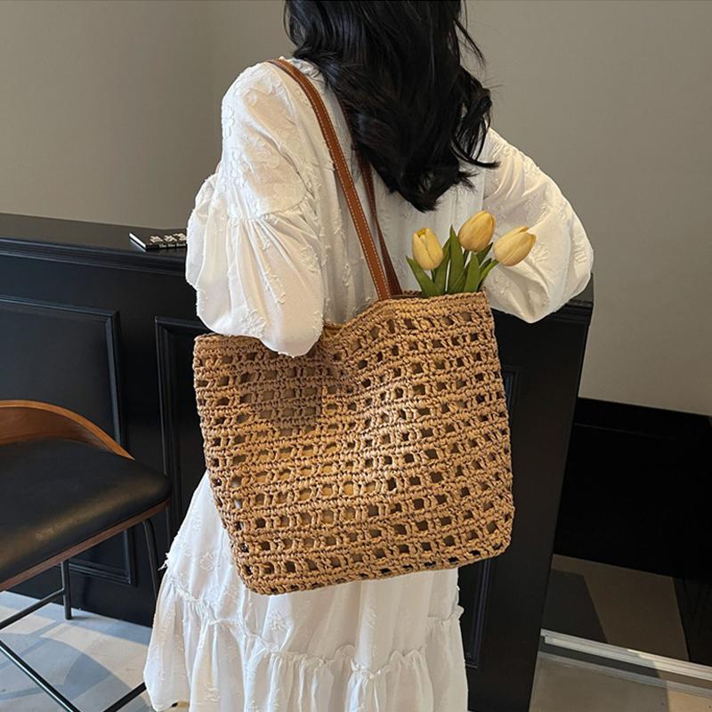 Handwoven Women's Shoulder Bag New Style Summer Large Capacity Beach Vacation Straw Tote Bag Casual Bucket Handbags