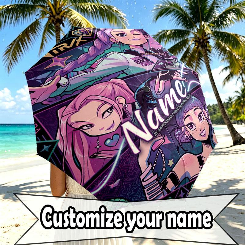 Custom Name Personalized Kpop Demon Hunter Print Umbrella, Auto Open Close, 8‑Rib Sturdy Frame, Commute Camping Hiking Use, Birthday Gift