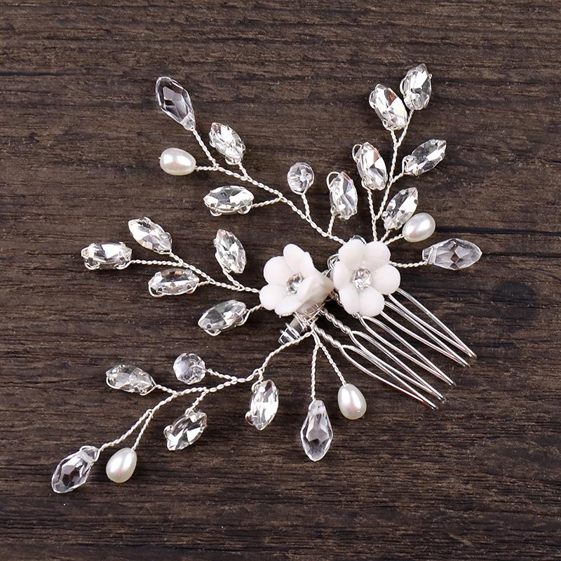 

White Flower Rhinestone Hair Comb - Bridal Jewelry Headdress for Weddings белый