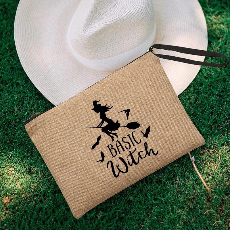 Witch Print Canvas Zipper Makeup Bag Witchcraft Women Travel Lipstick Bag Skincare Storage Organizer Pencil Case Cosmetics Bags
