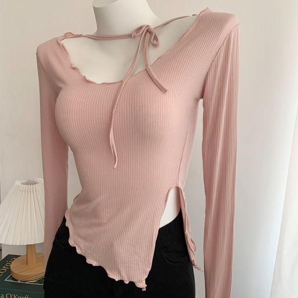

Irregular Hem Split Pink Unique Long-sleeve Fitted T-shirt Base Layer Sun Protection Top S