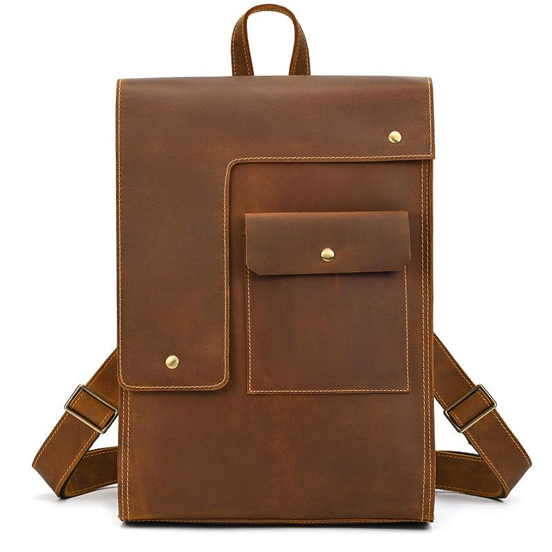 Retro Men'S Backpack Flip Cowhide School Bag 17 Inch Crazy Horse Leather Three-Dimensional Backpack Cowhide Casual Travel Bag