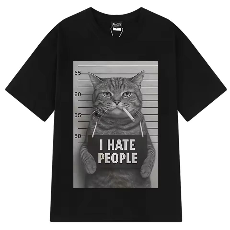I Hate People Meow Print T-shirt Fun Cat Print Short Sleeve T Shirts Loose Street Casual Clothing Comfortable and Soft Cotton