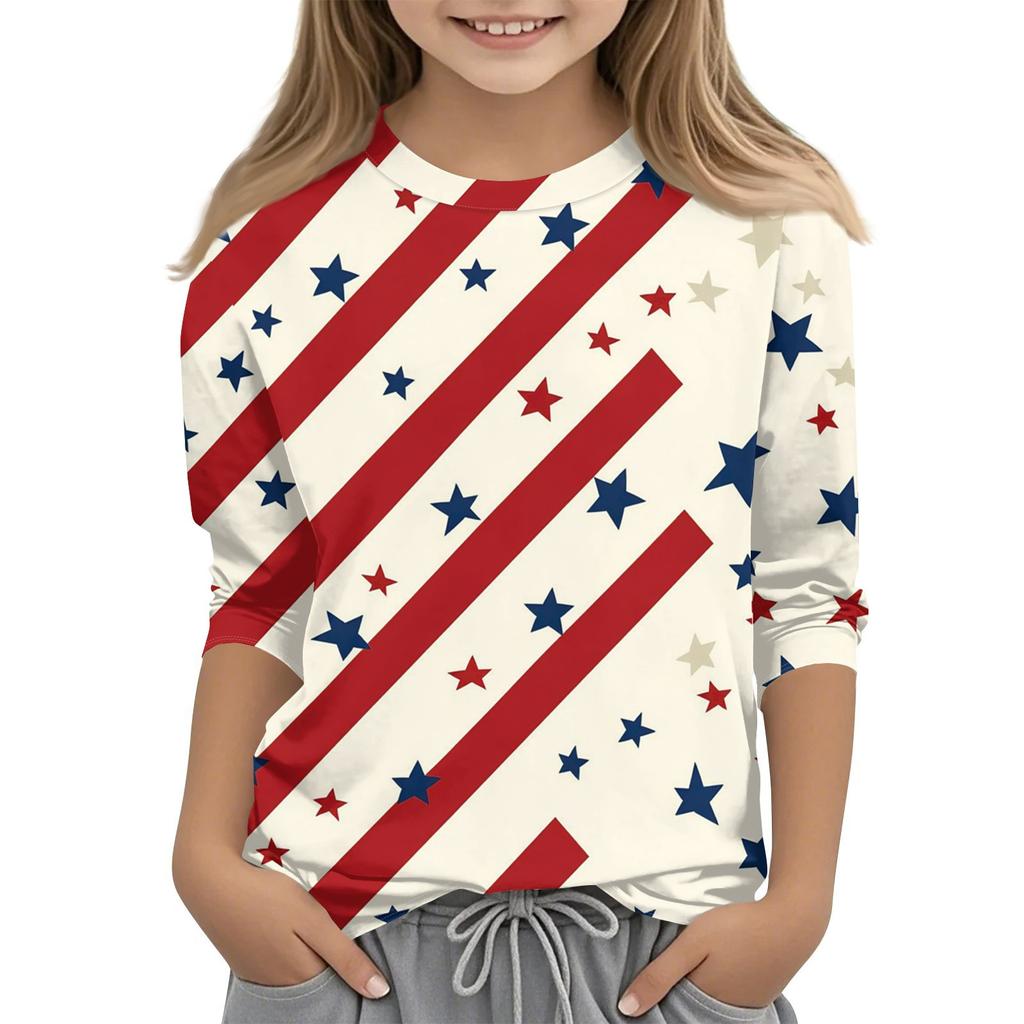 Barne 7/8-ermet trykket Independence Day crew-neck avslappet t-skjorte