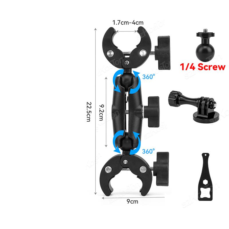 For GoPro 13 12 11 10 9 DJI Action 5 Pro Super Camera Clamp Mount Adapter Double Head Holder for Motorcycle Bracket Selfie Stick