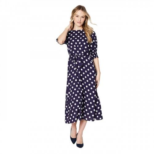 Dorothy Perkins Womens/Ladies Polka Dot Shirred Cuff Midi Dress 12 UK naval