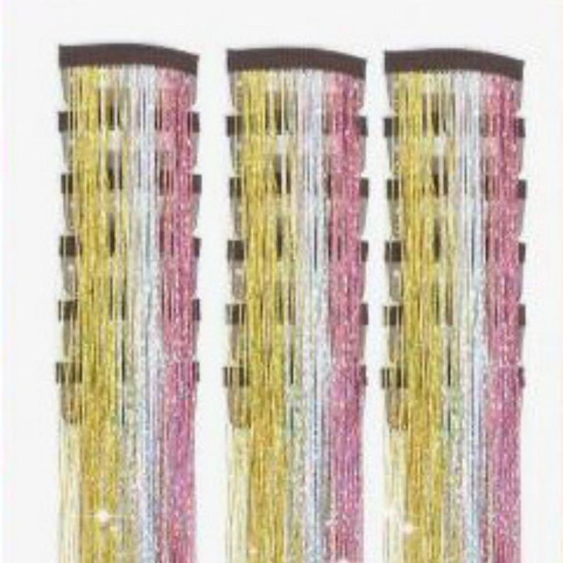 12pcs Clip-in Hair Extensions – Holographic Rainbow Straight Hair Pieces with Gold Thread, Heatless Colorful Highlights for Festival & Party