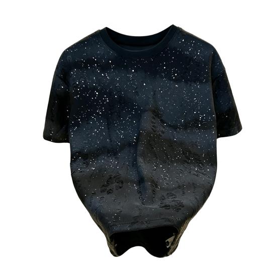 Men Stylish Shabby T-Shirt Loose Fit Casual Tee Sparkling Summer Tee Shirt for Party Holiday Street Wear