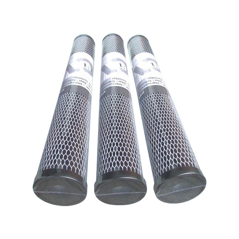 High-Efficiency CTO Carbon Fiber Water Purifier Filter Cartridge with White and Yellow Mesh.