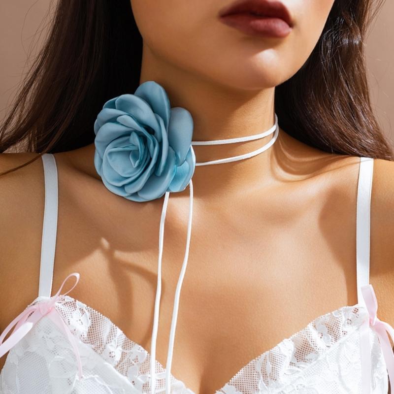 Fabric Flower Tie Choker Necklace Long Rope Lock Collarbone Chain Fashion Neck Decoration Fabric Floral Tie-Up Choker