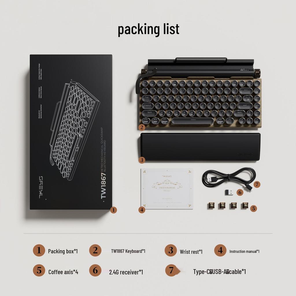 TW1867 Three-Mode Retro Bluetooth Mechanical Keyboard with Hot-Swappable Linear Switches and RGB Lighting