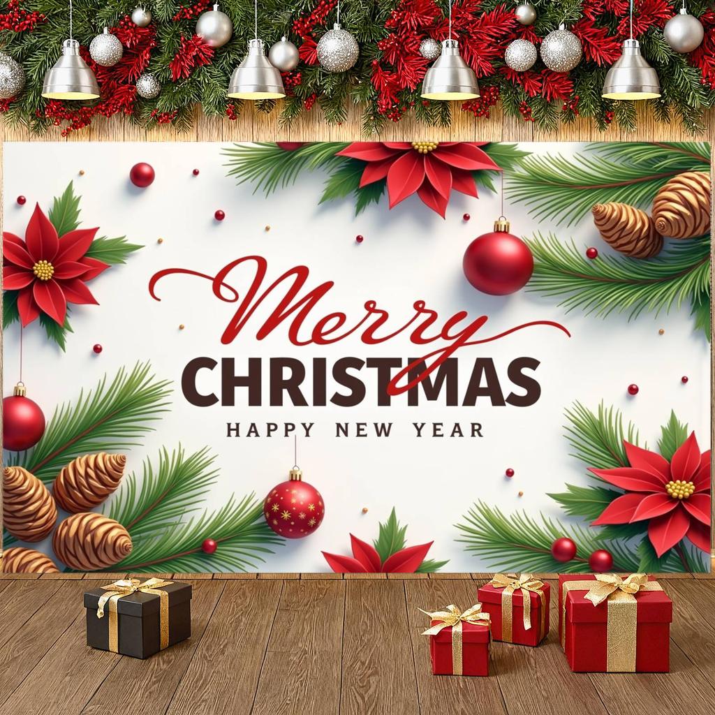 Party Backdrop Material Xmas Decoration Christmas Banner Poinsettia Design Festive Banner For Home Decoration Christmas Eve