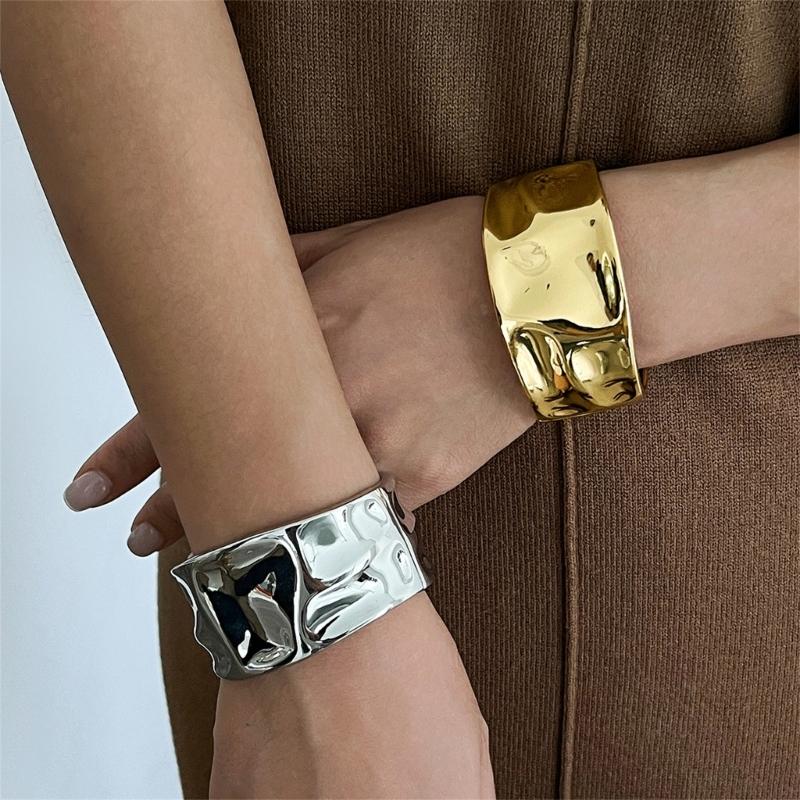 Hip Hop Irregular Spring Bangles Punk Wide Cuff Geometric Bracelets Party Jewelry Alloy Texture for Women and Men