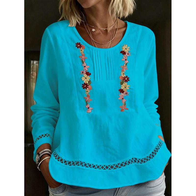 2025 Women's Long Sleeve Lace Patchwork Casual Shirt - Elegant Solid Color