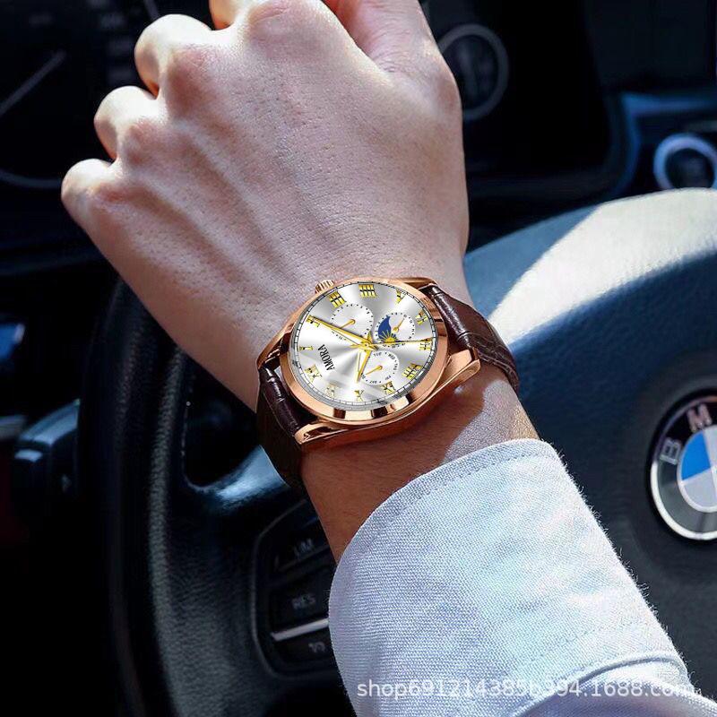 Pánské módní luminiscenční quartzové mechanické hodinky s koženým řemínkem a kolíčkovou sponou - Vodotěsné náramkové hodinky