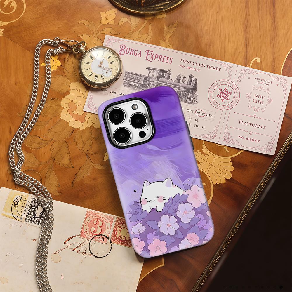 Purple Floral Kitten Phone Case for IPhone 17AIR 16E 16 15 14 13 12 11 17 Pro Max Plus Double-layer Back Cover