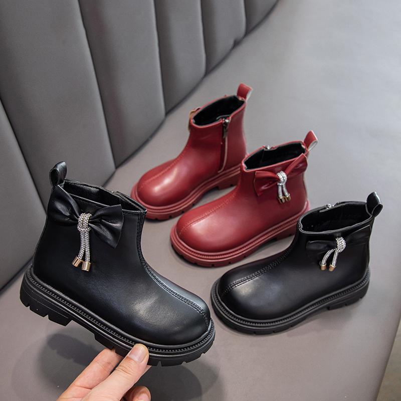 Mode Mädchen Stiefeletten Schwarz PU Leder Schleife Runde Zehe Mode Kinder Herbst Winter Stiefel Mode Schleife Runde Zehe Kinderschuhe
