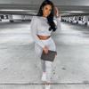 VEZFAA Women's Fashion Casual Spring Autumn Solid Color Print Long Sleeve O-Neck Trousers Pants Suits
