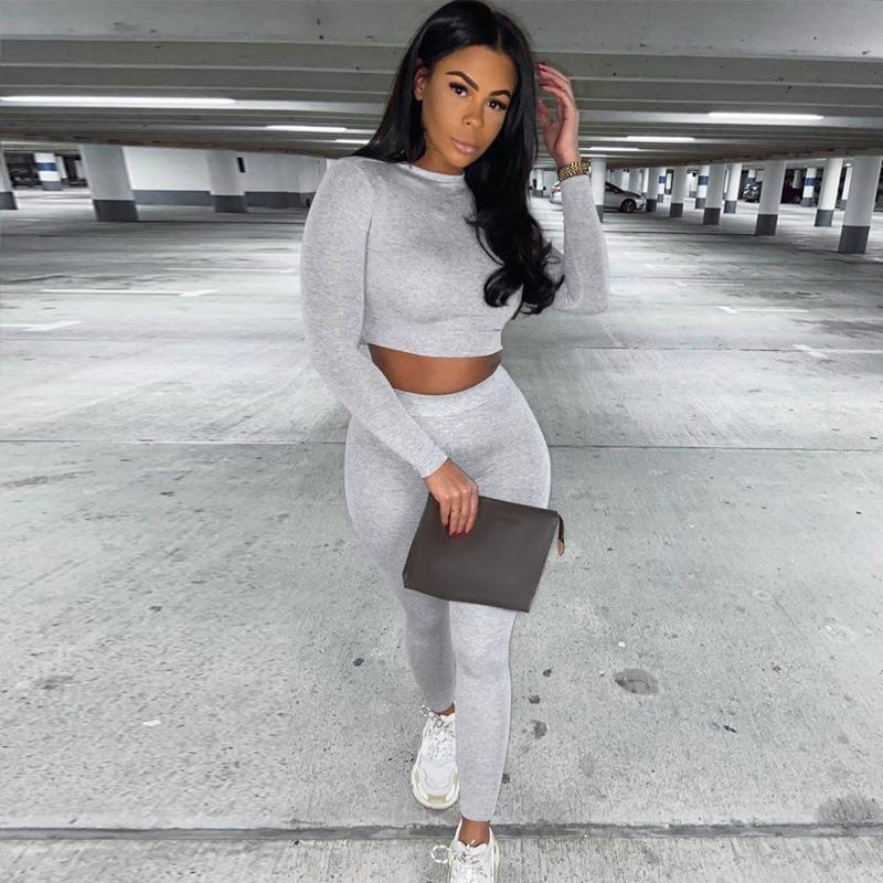 VEZFAA Women's Fashion Casual Spring Autumn Solid Color Print Long Sleeve O-Neck Trousers Pants Suits