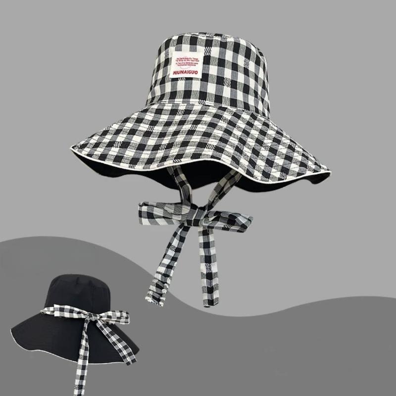 Women's Summer Korean Style Ins Plaid Lace-Up Bucket Hat Large Brim Reversible Sun Protection Outdoor Travel Sun Hat