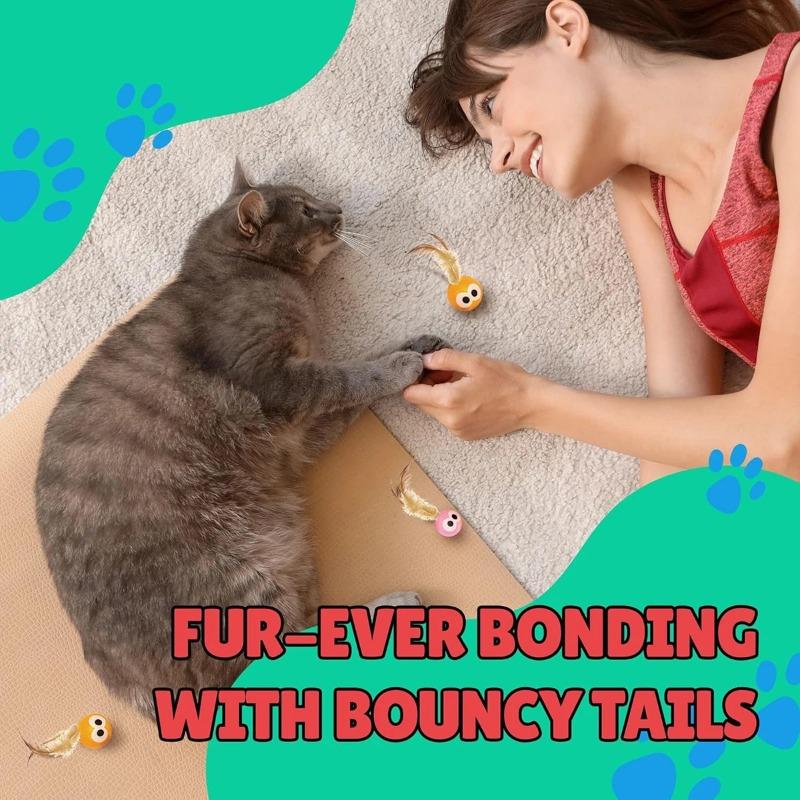 3/5 Pack Cat Toy Balls with Feather Tails - Stimulate Instinctive Play, Enhance Pet - Owner Bond